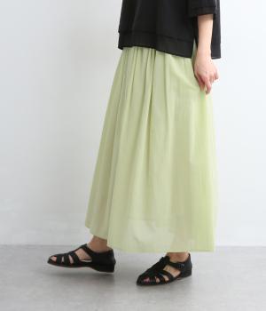 コットン異素材使いウエストゴムスカート　裏地付き(ライトベージュ×アップルグリーン-M)