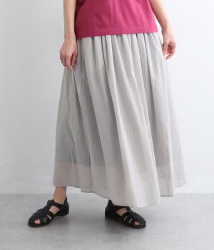 コットン異素材使いウエストゴムスカート　裏地付き(ブラック×ライトグレー-M)