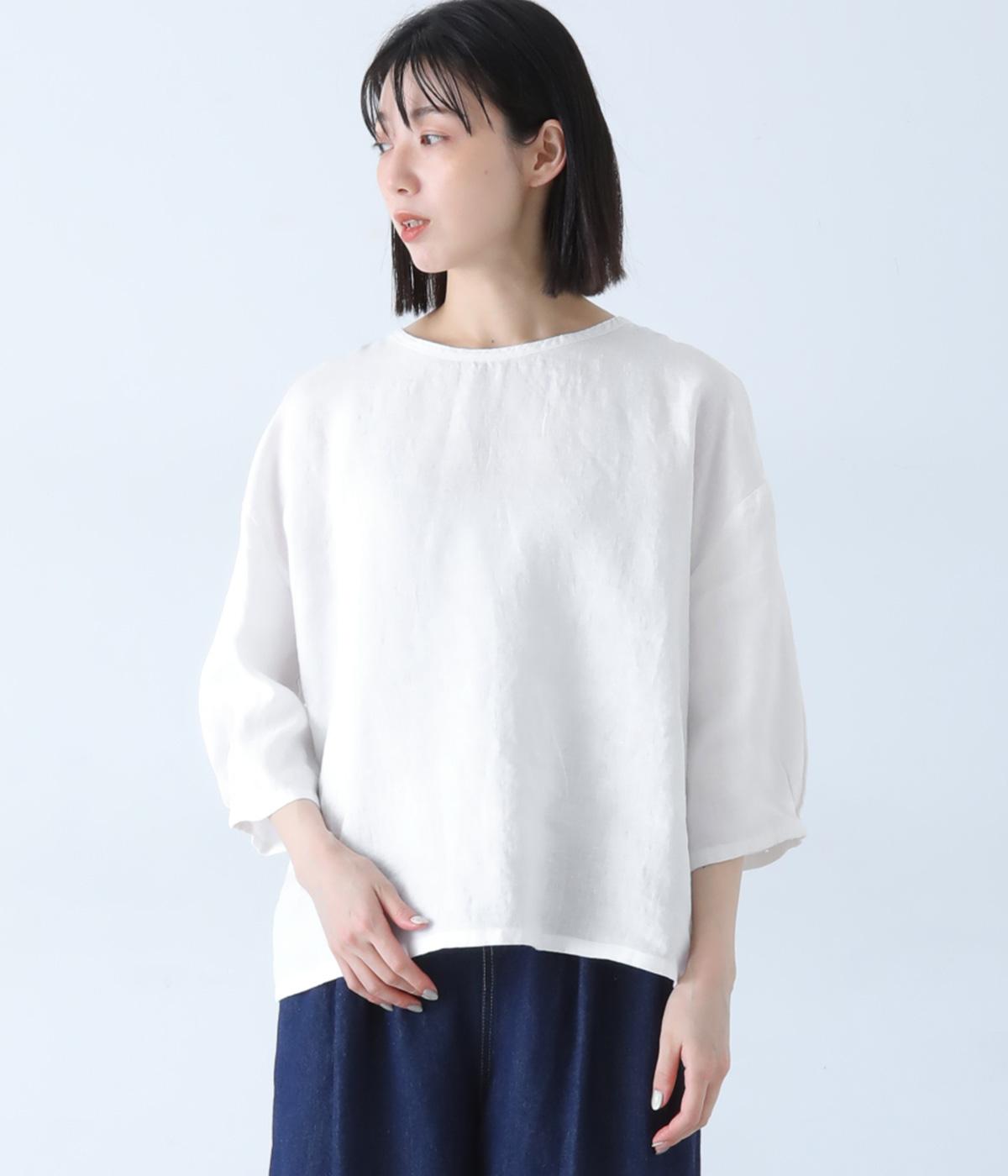 リネン袖口タックボリューム7分袖ブラウス(オフホワイト-M)