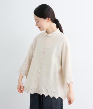 コットンリネンスカラップ刺繍7分袖ブラウス(リネンベージュ-M)