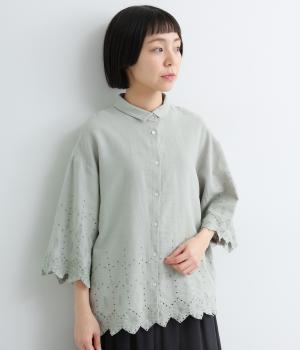 コットンリネンスカラップ刺繍7分袖ブラウス(セージグリーン-M)