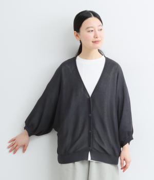 リネンライクニット8分袖ワイドカーディガン(チャコール-M)