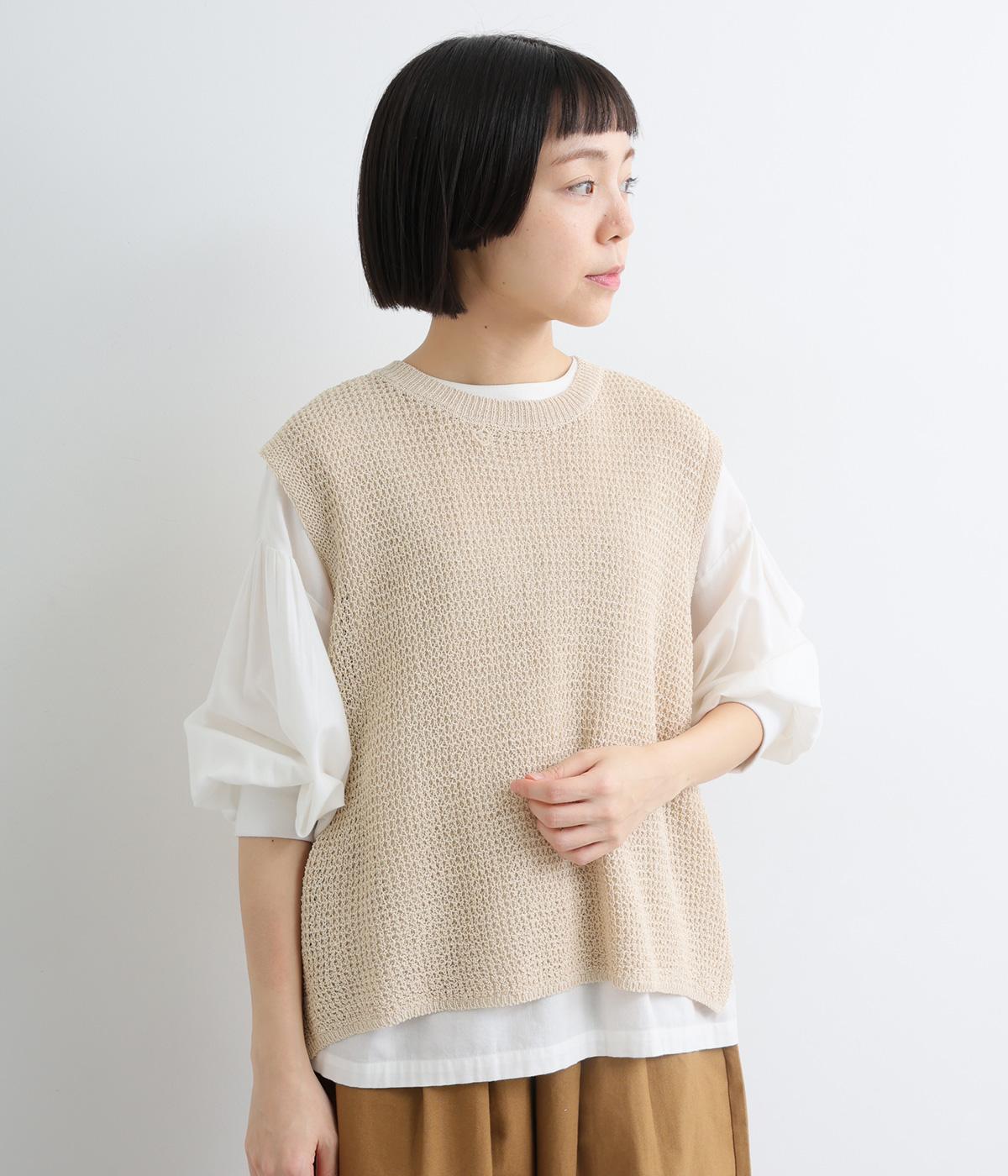 変形片畦ニットベスト(ベージュ-M)