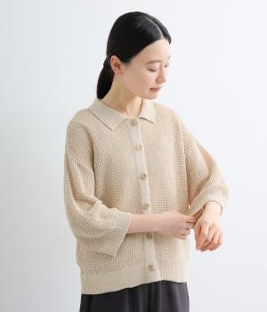 襟付きワイドニットカ－ディガン7分袖(ベージュ-M)