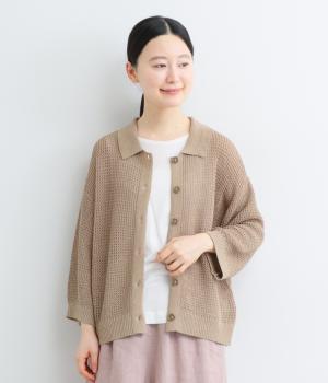 襟付きワイドニットカ－ディガン7分袖(カーキ-M)