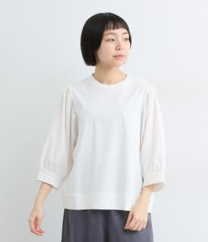 強撚スムースギャザースリーブ7分袖Tシャツ(オフホワイト-M)