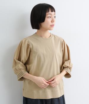 強撚スムースギャザースリーブ7分袖Tシャツ(ベージュ-M)