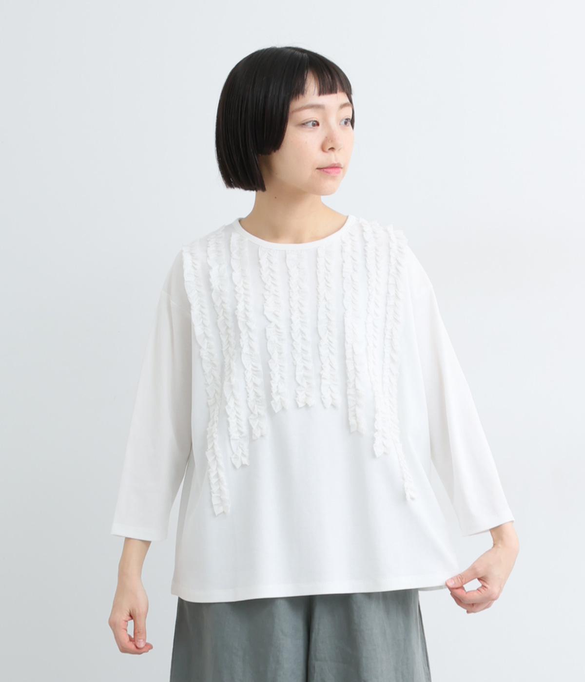 フロントフリル7分袖Ｔシャツ(オフホワイト-M)