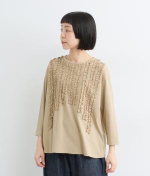 フロントフリル7分袖Ｔシャツ(ベージュ-M)