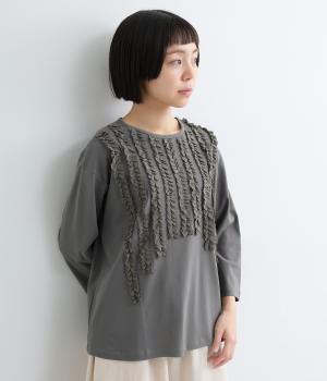 フロントフリル7分袖Ｔシャツ(チャコール-M)