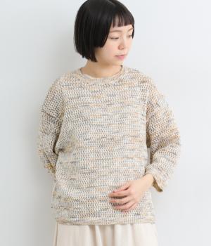 かすりニット透かし編みワイド7分袖セーター