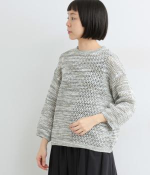 かすりニット透かし編みワイド7分袖セーター(グリーン系-M)