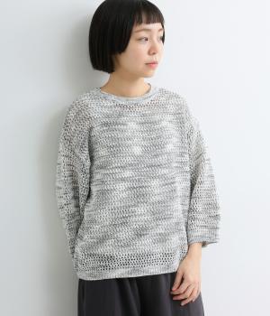 かすりニット透かし編みワイド7分袖セーター(グレー系-M)