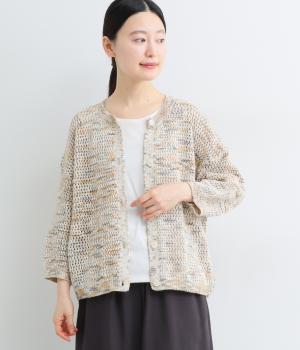 かすりニット透かし編みワイド7分袖カーディガン(ベージュ系-M)