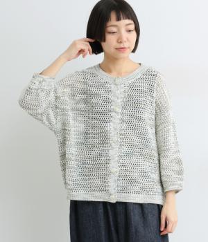 かすりニット透かし編みワイド7分袖カーディガン(グリーン系-M)