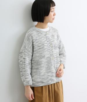 かすりニット透かし編みワイド7分袖カーディガン(グレー系-M)