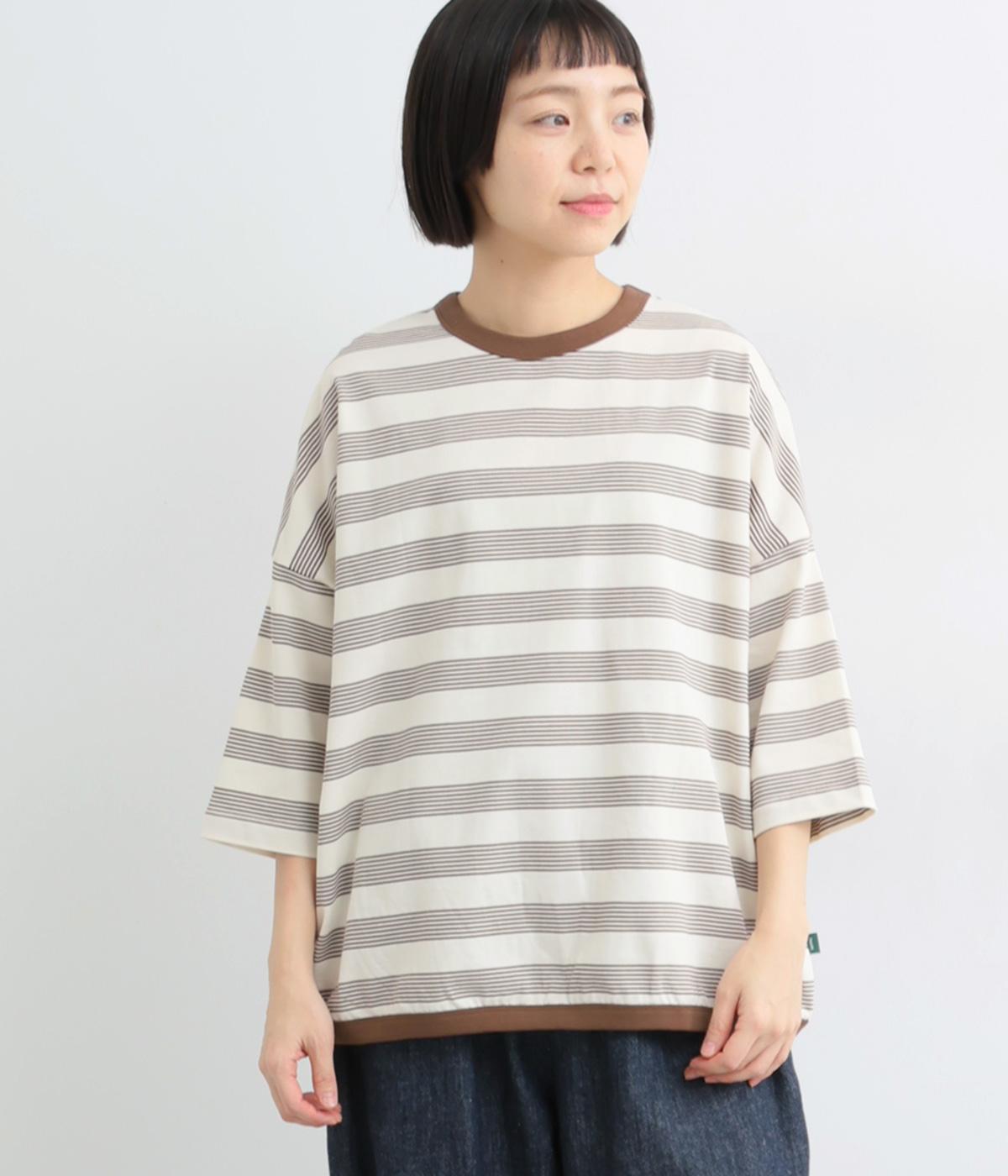 マルチボーダーコクーンワイド7分袖Tシャツ(ブラウン-M)