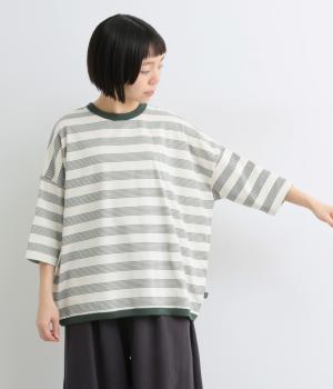 マルチボーダーコクーンワイド7分袖Tシャツ(グリーン-M)