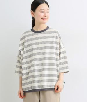 マルチボーダーコクーンワイド7分袖Tシャツ(チャコール-M)