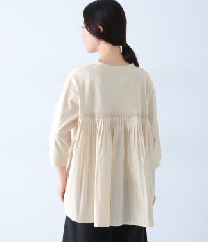 リサイクルコットンバック布帛切替7分袖Tシャツ(アイボリー-M)