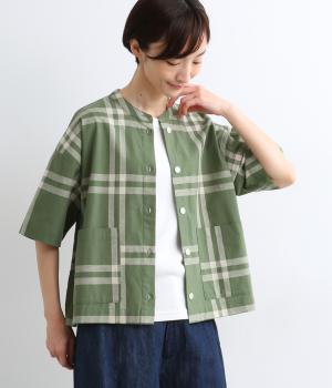 コットンリネンチェック　ワイドシャツジャケット(グリーンチェック-M)