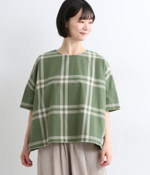 コットンリネンチェック　ワイドブラウス(グリーンチェック-M)
