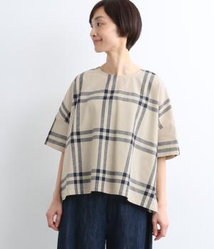 コットンリネンチェック　ワイドブラウス(ネイビーチェック-M)