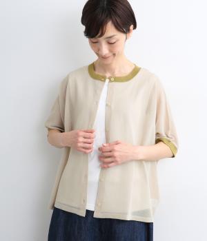 リネンライク　バイカラーニットカーディガン(ベージュ-M)