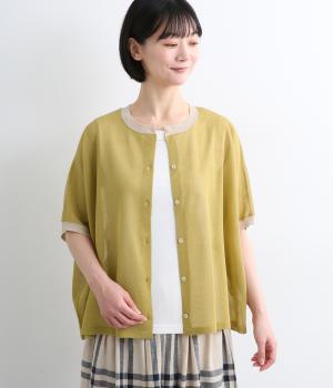 リネンライク　バイカラーニットカーディガン(イエローグリーン-M)