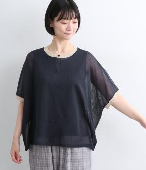 リネンライク　バイカラーニットカーディガン(ネイビー-M)