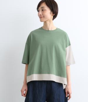 リサイクルコットン　バイカラーワイドTシャツ(グリーン×グレー-M)