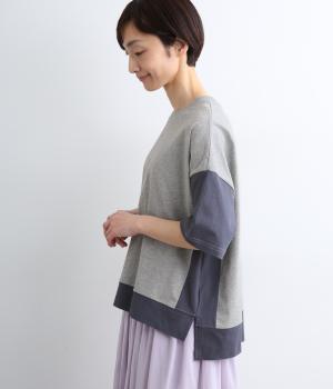 リサイクルコットン　バイカラーワイドTシャツ(杢グレー×ネイビー-M)