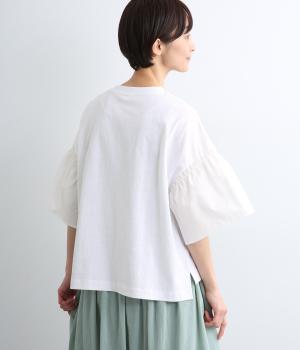 リサイクルコットン　異素材ギャザー袖ワイドTシャツ(オフ-M)