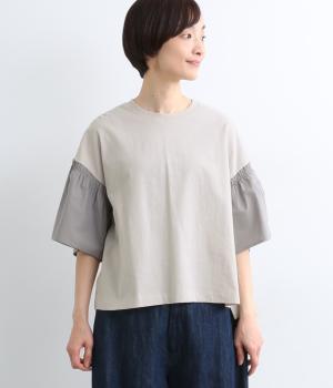 リサイクルコットン　異素材ギャザー袖ワイドTシャツ(グレー-M)