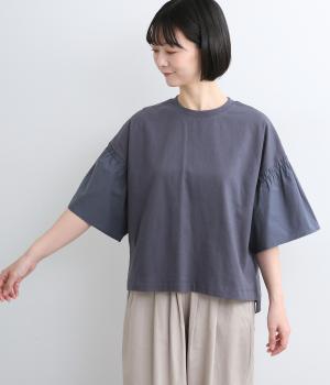 リサイクルコットン　異素材ギャザー袖ワイドTシャツ(ネイビー-M)