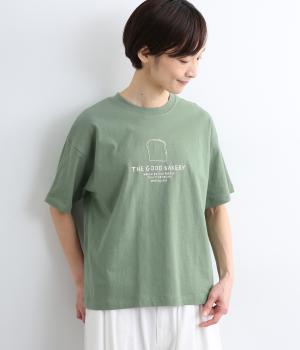 リサイクルコットン　パン刺繍ワイドTシャツ(グリーン-M)