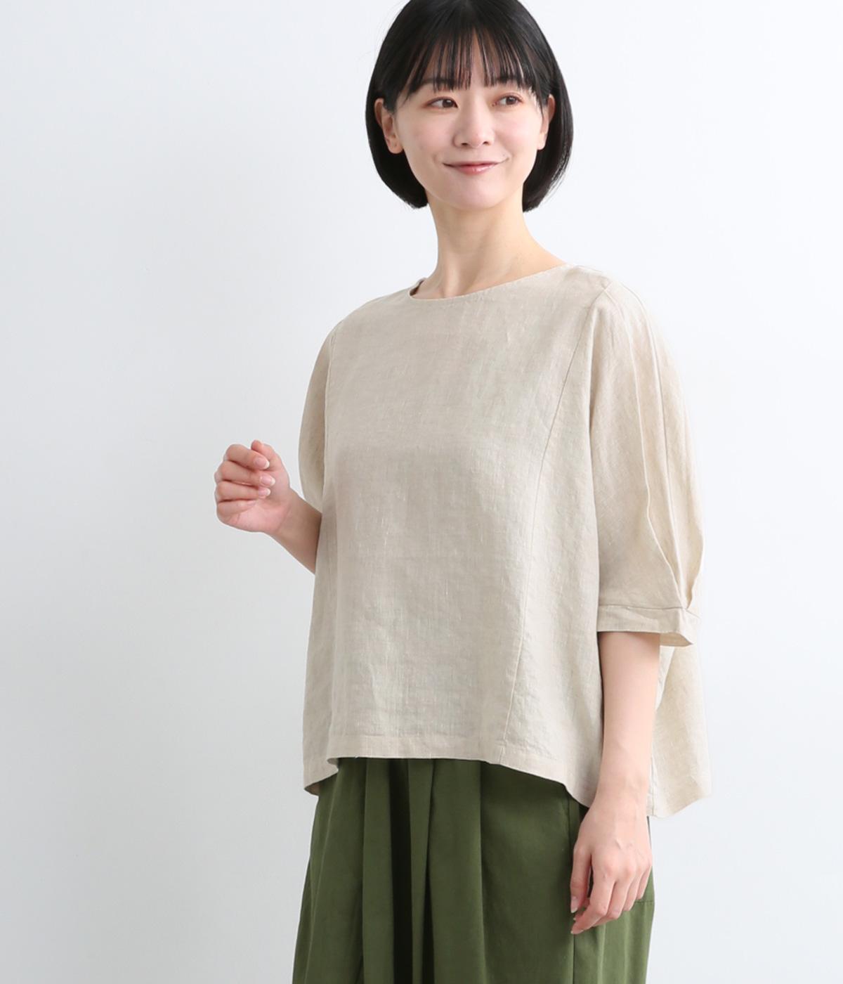 リネン袖口タックワイドブラウス(リネンベージュ-M)
