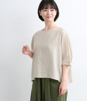 リネン袖口タックワイドブラウス(リネンベージュ-M)