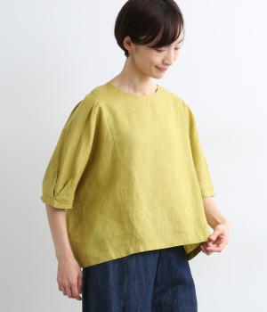 リネン袖口タックワイドブラウス(イエロー-M)