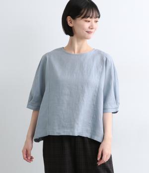 リネン袖口タックワイドブラウス(スカイブルー-M)