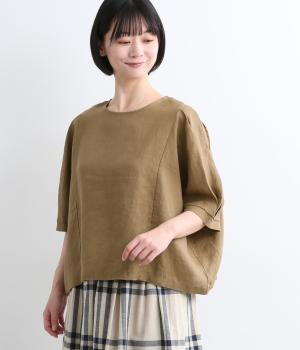 リネン袖口タックワイドブラウス(ブロンズ-M)