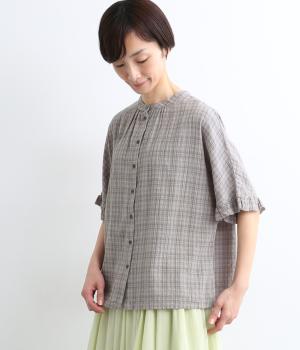 シャドーチェック　袖口フリルブラウス(グレー-M)