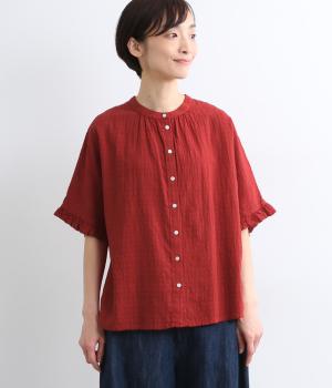 シャドーチェック　袖口フリルブラウス(レッド-M)