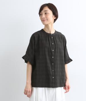 シャドーチェック　袖口フリルブラウス(ブラック-M)