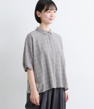 シャドーチェック　シャツ襟ドルマンブラウス(グレー-M)