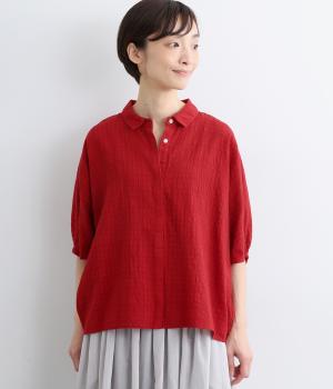 シャドーチェック　シャツ襟ドルマンブラウス(レッド-M)