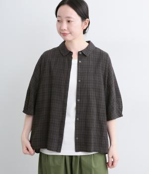 シャドーチェック　シャツ襟ドルマンブラウス(ブラック-M)