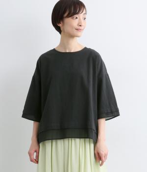 コットンアルバトロス　異素材切替ブラウス(ブラック-M)