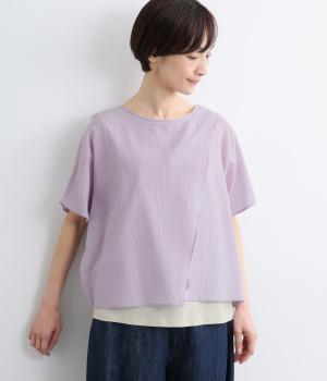 コットン異素材使いレイヤードブラウス(ライトベージュ×ラベンダー-M)