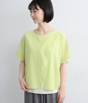 コットン異素材使いレイヤードブラウス(ライトベージュ×アップルグリーン-M)